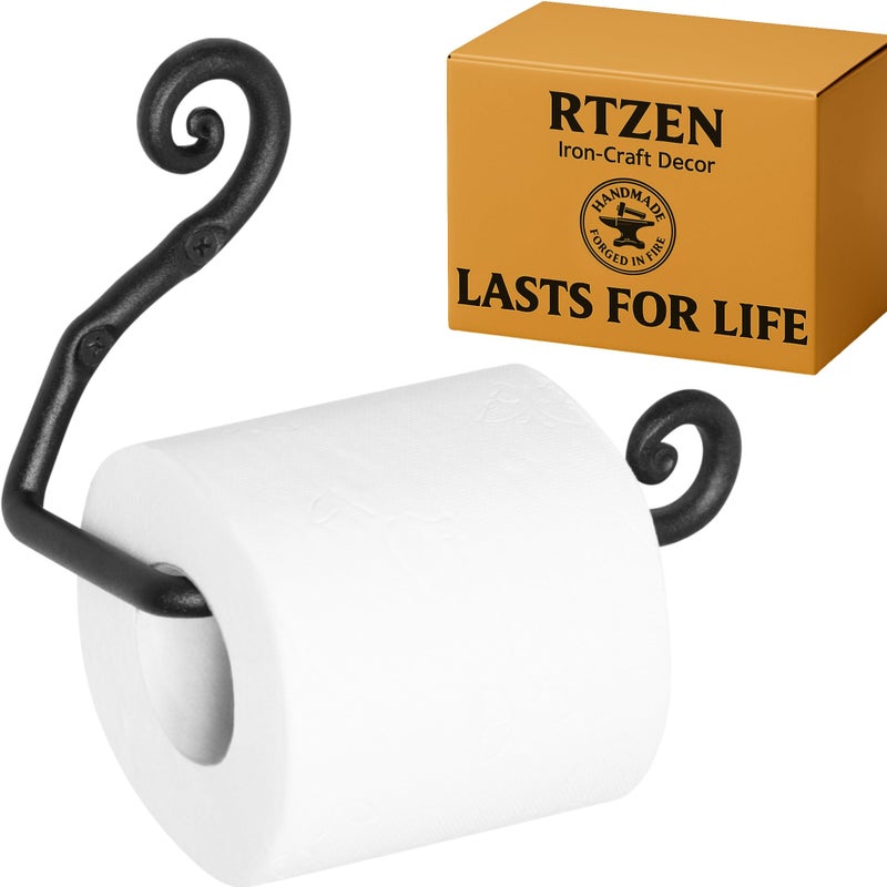 RTZEN Bathroom Toilet Paper Holder - Handcrafted Rustic Wrought Iron Wall Decor Toilet Roll Holder - Black Matte Wall Mount Bar for Modern Farmhouse Bathroom Decor - Image 1